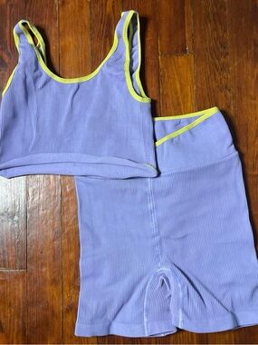 FP Movement by Free People Lavender Ribbed Sports Set with Yellow Trim